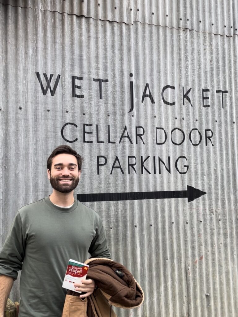 Ben outside Wet Jacket Wines, Central Otago.