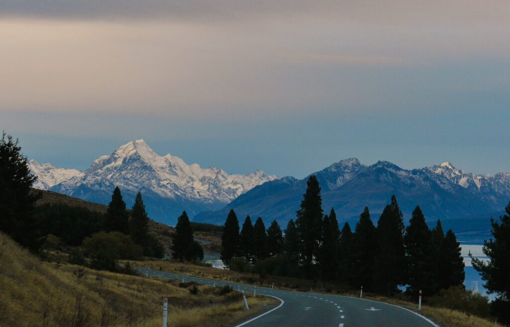 A photograph of Mount Cook, New Zealand, taken at dusk.