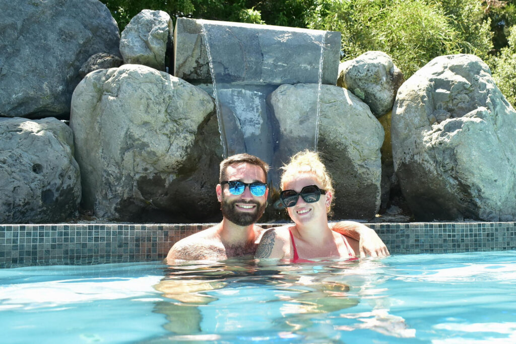 Jess and Ben in the Hanmer Springs Thermal Pools & Spa.